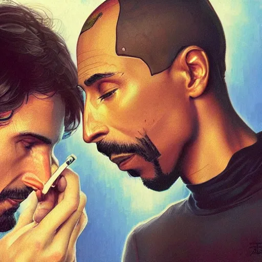 Prompt: Portrait of steve jobs and tupac smoking pot in heaven, intricate, highly detailed, digital painting, artstation, concept art, smooth, art by artgerm and greg rutkowski and alphonse mucha