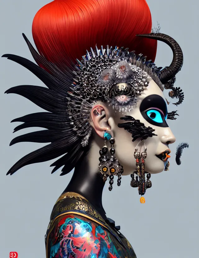 Image similar to 3 d goddess close - up profile portrait russian punk with mohawk with ram skull. beautiful detailed japanese crow kitsune mask and clasical japanese kimono. betta fish, jellyfish phoenix, bio luminescent, plasma, ice, water, wind, creature, artwork by tooth wu and wlop and beeple and greg rutkowski