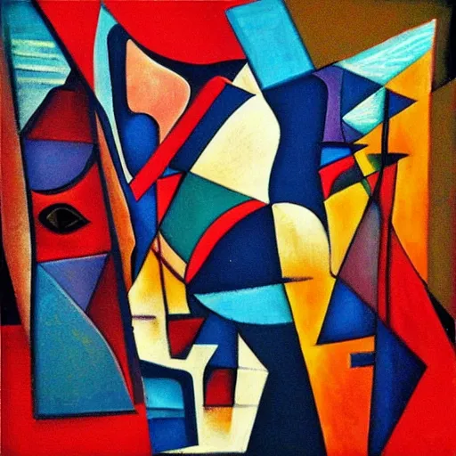 Prompt: “woman flies like a bird over the rivers and mountains, abstract art in the style of cubism” n 2