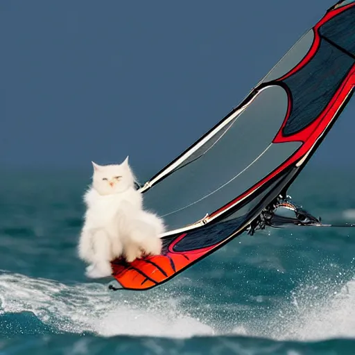 Image similar to A ragdoll cat windsurfing, cool, impressive, skilled, cartoon