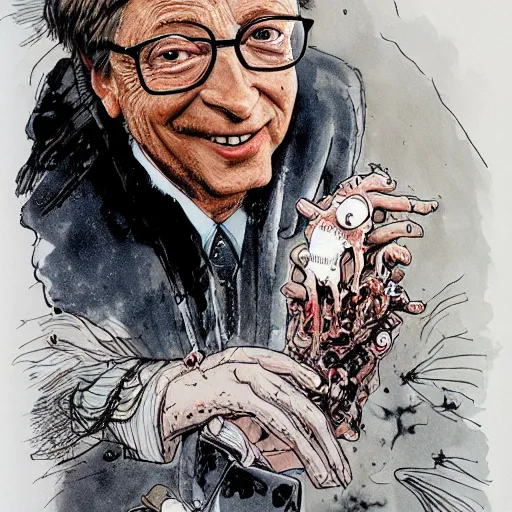 Image similar to bill gates holding a vaccine in his hand, Body horror, by Ralph Steadman