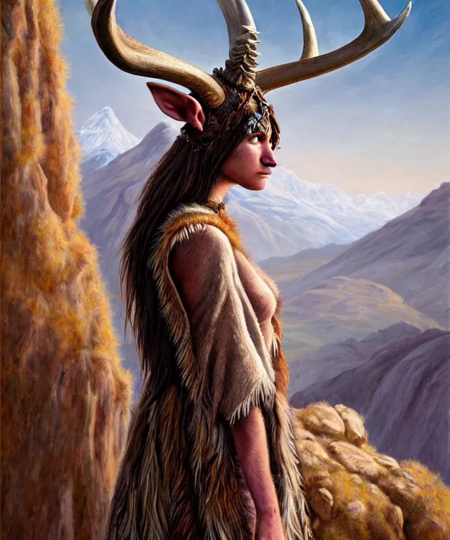 Image similar to a detailed horned antelopewoman stands among the mountains. wearing a ripped mantle, robe. perfect faces, extremely high details, realistic, fantasy art, solo, masterpiece, soft colors and lighting, art by daniel e. greene, johannen voss, zoey frank, vincent desiderio