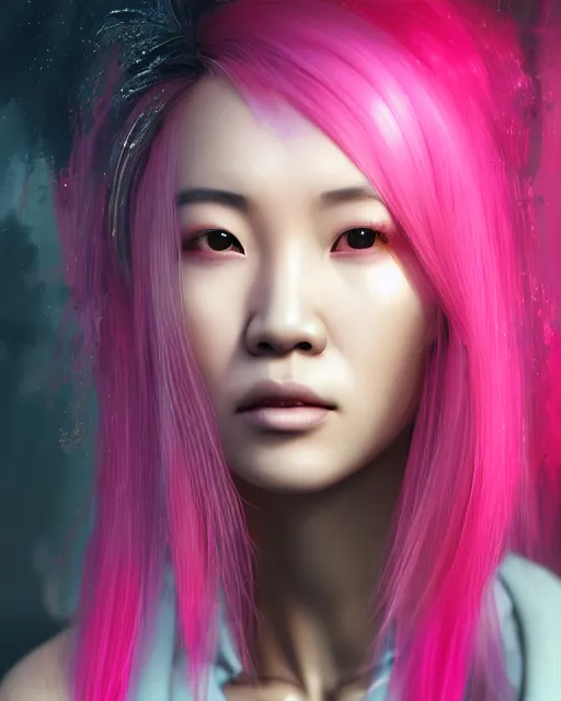 Image similar to portrait of a beautiful asian woman with pink hair as a cyberpunk cyborg half robot, sci - fi, missing panels, intricate abstract upper body intricate artwork, concept art, octane render, deviantart, cinematic, key art, hyperrealism, iridescent accents, portrait photograph, nikon 3 5 mm, photograph by greg rutkowski