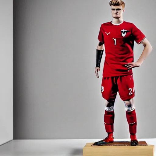 Image similar to a realistic detailed photo of a guy who is an attractive humanoid who is half robot and half humanoid, who is a male android, soccer player timo werner, shiny skin, posing like a statue, blank stare, in a living room, on display, showing off his muscles