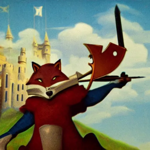 Prompt: anthropomorphic!!! fox!! who is a medieval knight holding a sword towards a stormy thundercloud 1 9 3 0 s film still, castle in the background