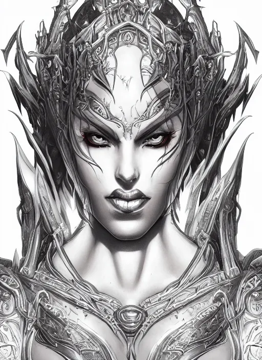 Prompt: a detailed face portrait of the queen of blades, line art, diablo 4 lilith, by yusuke murata, by hiroya oku, trending on artstation