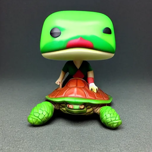 Image similar to funko pop wearing green shirt riding a giant turtle