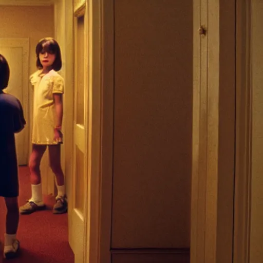 Prompt: the twins from the shining in the hallway waving to danny torrance 4 k photorealism