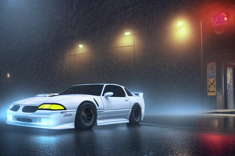 Image similar to hyperdetailed, photorealistic photograph of a 2 0 0 2 pontiac firebird trans - am drifting in the streets, rain, night, dense fog, hd, unreal engine 5 by greg rutowski, by stanley artgerm, by alphonse mucha