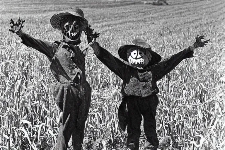 Image similar to frightening scarecrow from the early 1 9 0 0's dancing in the cornfields