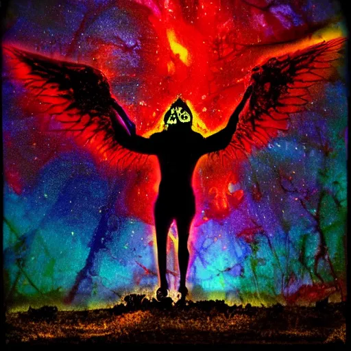 Image similar to a dying devil with tar drip wings standing in the shade of the backlit cosmic light, rich decaying bleeding colors