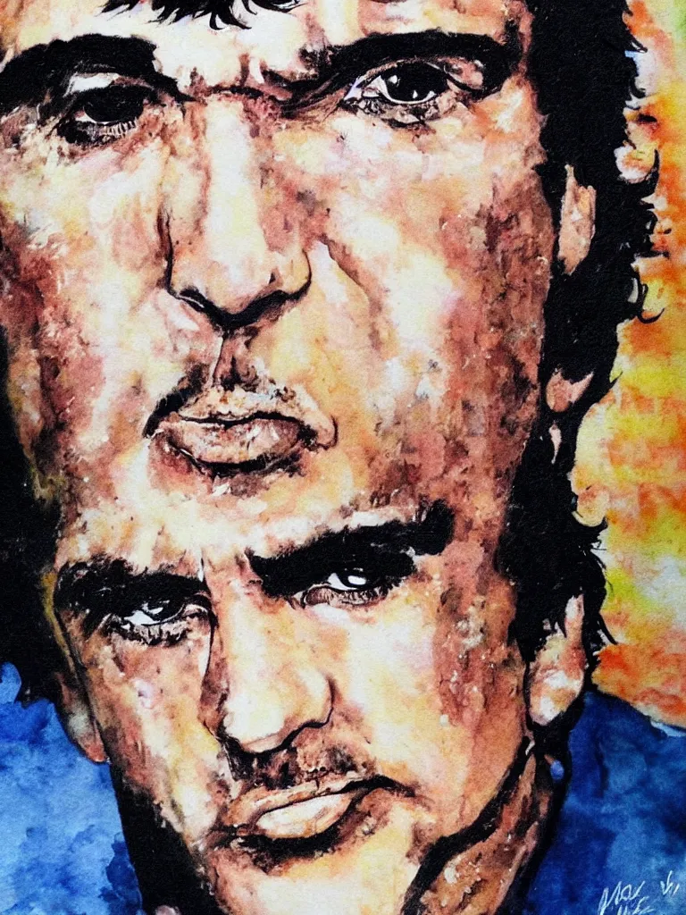 Image similar to close upt. cogerent eyes. detailed face. tony montana from movie scarface. color ink paint