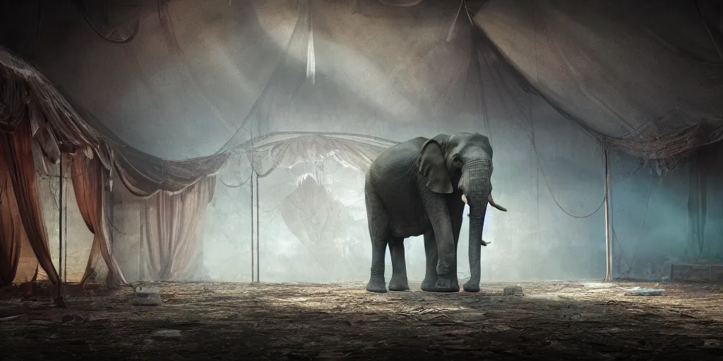 Image similar to an ominous translucent elephant in an abandoned circus tent, horror movie, octane render, unreal engine