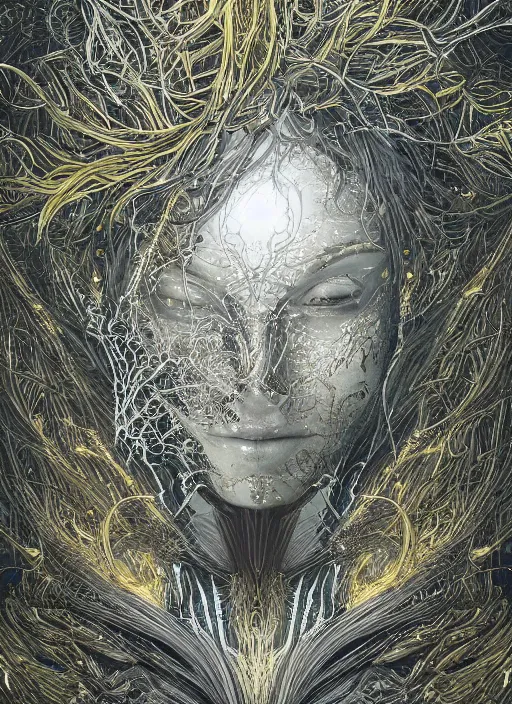 Image similar to glowing silver and golden elements, full close-up portrait, vector crow, book cover, green forest, white moon, establishing shot, extremly high detail, photo-realistic, cinematic lighting, pen and ink, intricate line drawings, by Yoshitaka Amano, Ruan Jia, Kentaro Miura, Artgerm, post processed, concept art, artstation, matte painting, style by eddie mendoza, raphael lacoste, alex ross