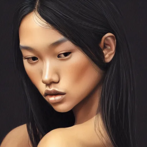 Image similar to indonesian Supermodel, olive skin, long dark hair, beautiful bone structure, intricate, elegant, highly detailed, digital painting, artstation, concept art, smooth, sharp focus, illustration, art Chuck Close