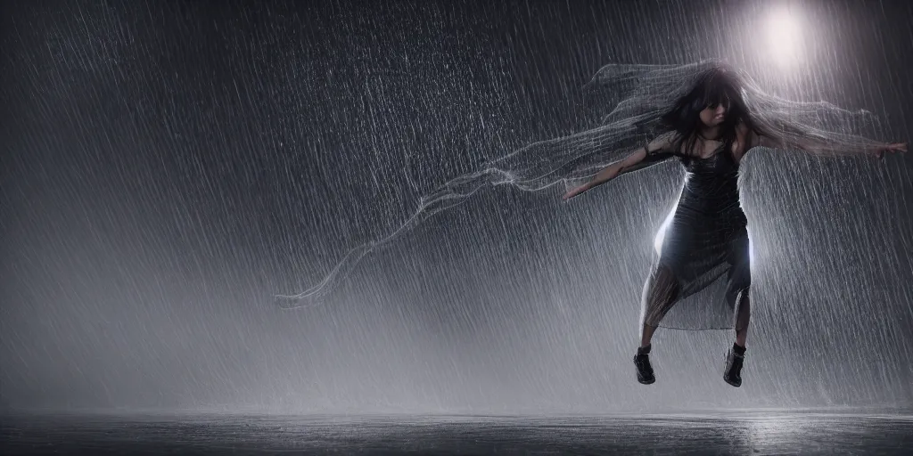Image similar to slow motion with trail effect of futuristic break dancer wearing floating long dress, long exposure shot , at night in the middle of a rainy street, paddle of water, steam, fog, water splashes, rim lights, glossy reflections, water droplets on lens, octane render, dark and dramatic, explosion in the background, detailed and soft, fisheye