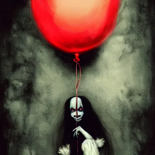 Prompt: grunge painting of creepy pasta with a wide smile and a red balloon by chris leib, loony toons style, pennywise style, corpse bride style, horror theme, detailed, elegant, intricate, Atmospheric phenomenon, artistic photography, conceptual, volumetric light