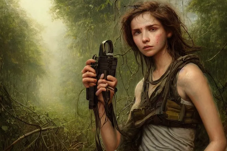 Prompt: artstation concept of a beautiful adventurous girl holding a machine pistol, sweaty skin, symmetrical face, high body detail, ripped up field fatigues, torn off shirt, jungle background with ruins, vines, hyperdetailed, artstation trending, world renowned artists, worth1000.com, cgsociety, by greg rutkowski, by Gustave Doré, by Marco Turini, by Artgerm, Deviantart in the style of Tom Bagshaw, Cedric Peyravernay, Peter Mohrbacher