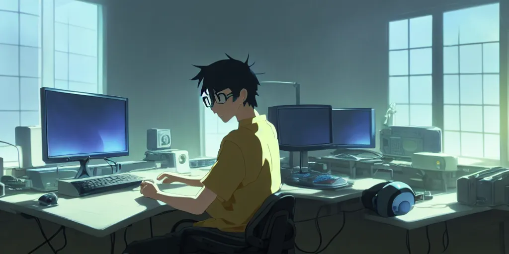 Image similar to a nerdy boy is programming at a computer in a room full of gadgets, by makoto shinkai and ghibli studio, dramatic lighting, highly detailed, incredible quality, trending on artstation