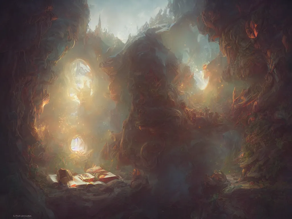 Image similar to detailed painting of a magical book that is a portal to a fantasy realm by Krenz Cushart, fantasy, dramatic light