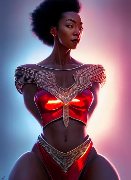 Image similar to portrait of modern darna, sonequa martin - green, intricate, elegant, glowing lights, highly detailed, digital painting, artstation, glamor pose, concept art, smooth, sharp focus, illustration, art by wlop, mars ravelo and greg rutkowski