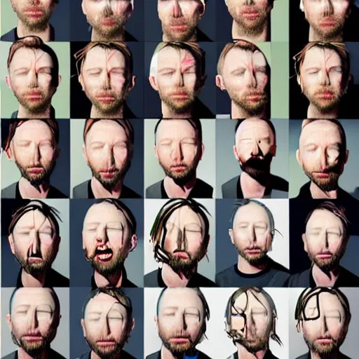 Image similar to overlapping sprite sheets of thom yorke, hyper realistic, many variations of thom yorke, face variations, various emotions, various poses, high quality photographs, mixed styles intricate details, beautiful lighting