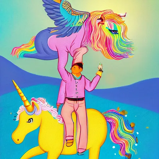 Prompt: a painting of a woke man riding an unicorn, a storybook illustration by Lisa Frank, featured on pixiv, magical realism, irridescent, storybook