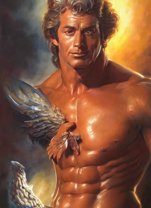 Image similar to a magical portrait of the god of masculinity, art by boris vallejo and greg danton and denys tsiperko, detailed, hyperrealism, artstation