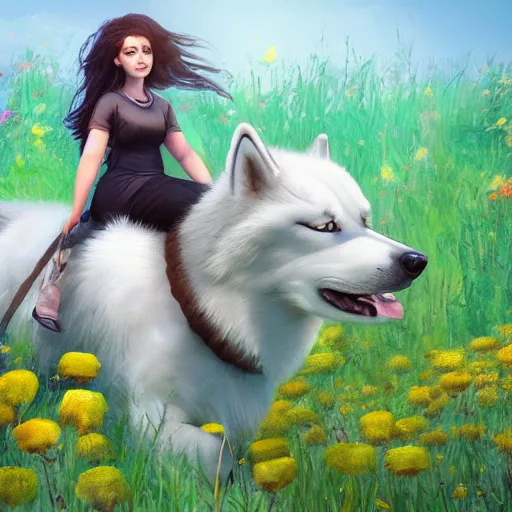 Image similar to girl riding a giant husky in a field of flowers, trending on artstation