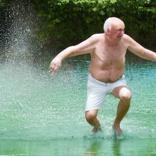 Image similar to mid white hair old man with green shirt and white short, jumping in the water with kevin o'leary