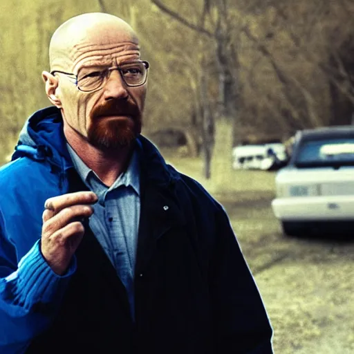 Image similar to walter white talking to a blue jay