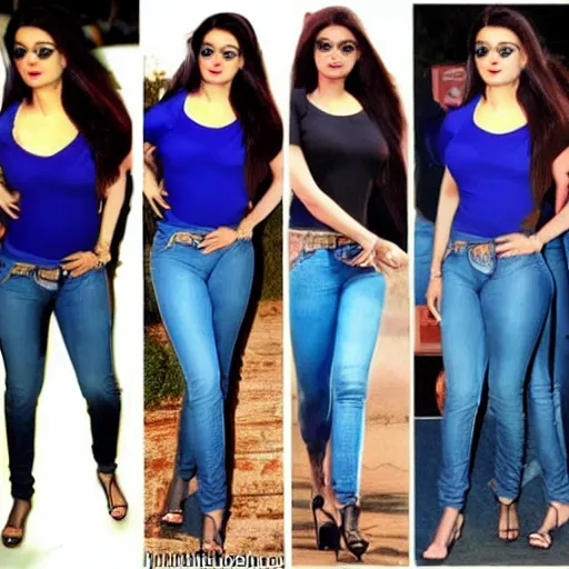 Image similar to aishwarya rai, blue tight tshirt, black extremely tight jeans, beautiful, award winning photography, extremely detailed, hyperrealistic, 4 k