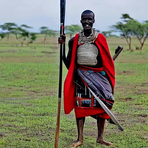 Prompt: a masai warrior with an ironing board for a shield