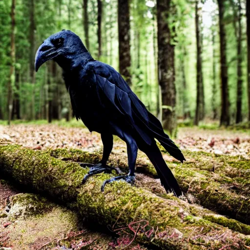 Prompt: anthropomorphic crow werecreature, photograph captured in a forest