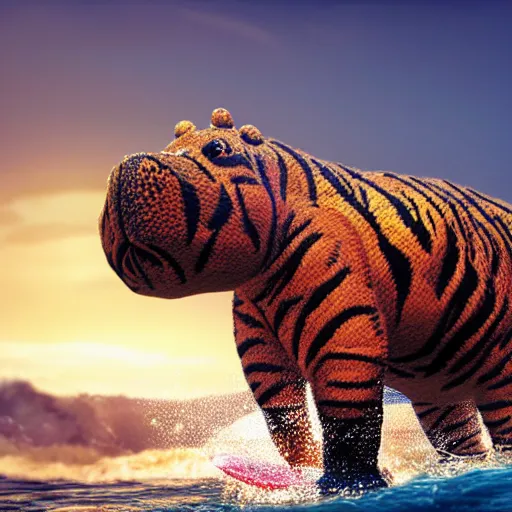 Image similar to a closeup photorealistic photograph of a cute smiling knitted tiger hippopotamus chasing a beachball at sunset. surf in the background. professional capture. this 4 k hd image is trending on artstation, featured on behance, well - rendered, extra crisp, features intricate detail, epic composition and the style of unreal engine.