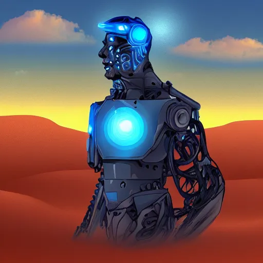 Image similar to cyborg in the desert, digital art