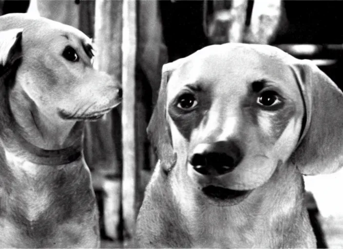 Image similar to stills from akira kurosawa's 1 0 7 dachshunds,