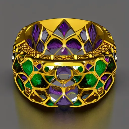 Prompt: mystical gold and diamond ring with fine purple and green details, ultra detailed, centered, octane render, elegant, caustics