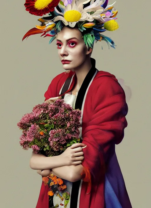 Image similar to an anthropomorphic beautiful female scientist portrait holding a flowers wearing colourful robe, fine art, award winning, intricate, elegant, sharp focus, octane render, hyperrealistic, wizard hat cinematic lighting, highly detailed, digital painting, 8 k concept art, art by jamie hewlett and z. w. gu, masterpiece, trending on artstation, 8 k