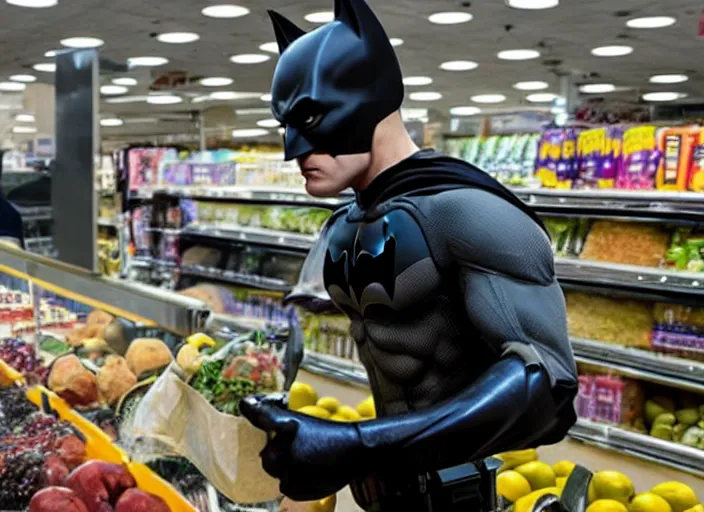 Prompt: film still of Batman working as a Bagger at a grocery store in the new batman movie, 4k