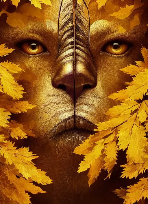 Image similar to golden leaves at frame border, creative!!! composition for a book cover, absurdly beautiful, ultrafine hyperrealistic detailed animal face by wlop and artgerm and greg rutkowski, intricate linework, sharp focus, smooth, octopath traveler, final fantasy, unreal engine, dramatic lighting, ethereal, 8 k