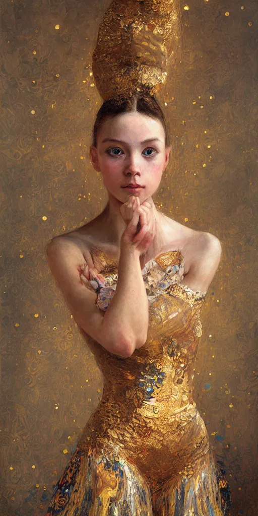 Image similar to an intricate portrait painting of an artistic pose young beautiful ballerina, klimt golden motives and textures, hyper - detailed, octane render, vivid colors, artstation, by jeremy mann, by gustav klimt