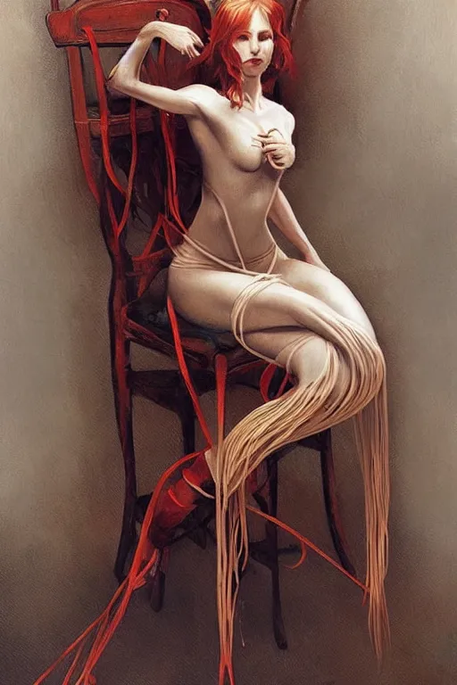 Image similar to a beautiful woman tied to a chair using spaghetti, a woman wrapped in spaghetti, painting by Charlie Bowater and Gerald Brom