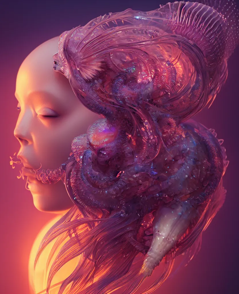 Image similar to goddess close-up portrait. jellyfish phoenix head, nautilus, orchid, skull, betta fish, bioluminiscent creatures, intricate artwork by Tooth Wu and wlop and beeple. octane render, trending on artstation, greg rutkowski very coherent symmetrical artwork. cinematic, hyper realism, high detail, octane render, 8k