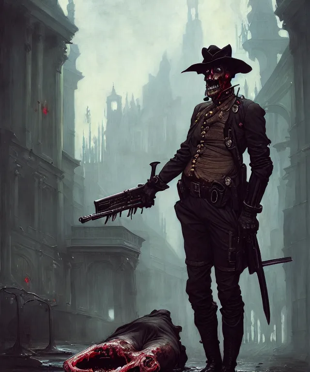 Image similar to painting of a slimy zombie cop by edgar maxence and rhads and leyendecker. bloodborne award - winning digital art on pixiv, trending on artstation, cinematic lighting, dramatic lighting, stunning and beautiful scenery - highly detailed, hyperrealistic, unreal engine 5