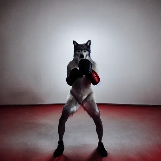 Prompt: photo of wolf wearing boxing gloves in fighter stance, dark room, red lighting,