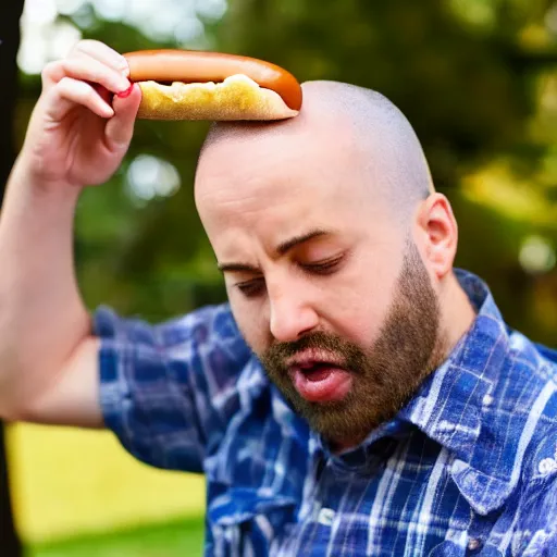 Image similar to man sticking a hot - dog into his ear