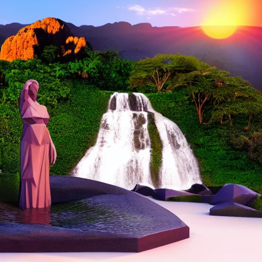 Image similar to a low-poly render of a big purple hand holding the orange setting sun on the ocean horizon. a green tinted transparent beckoning lady in front of a waterfall. a cream colored abandoned building featuring two statues and pitch black periphery. a prehistoric jungle scene with a mountain in the background.