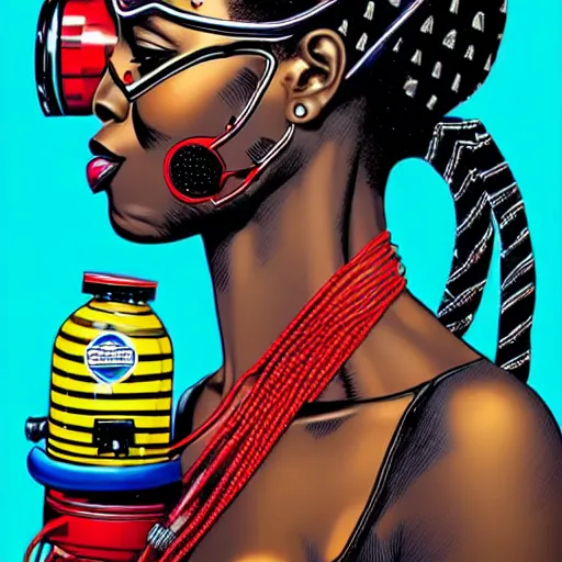 Image similar to a profile photo of a african woman with a diving oxygen mask with side profile blood in ocean intricate details by MARVEL comics and Sandra Chevrier-C