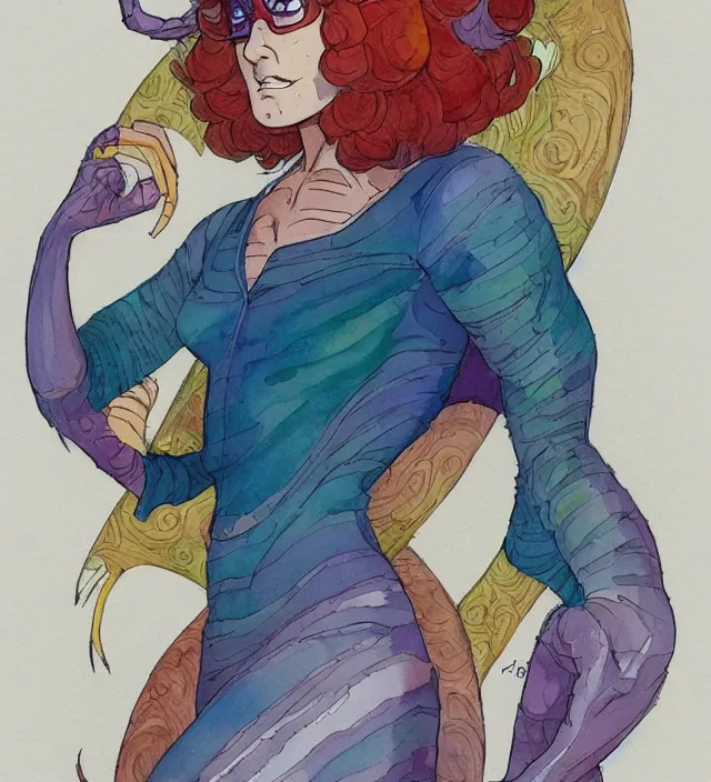 Image similar to a 3 / 4 view watercolor ink painting of velma as a god of destruction in the style of jean giraud in the style of moebius trending on artstation deviantart pinterest detailed realistic hd 8 k high resolution